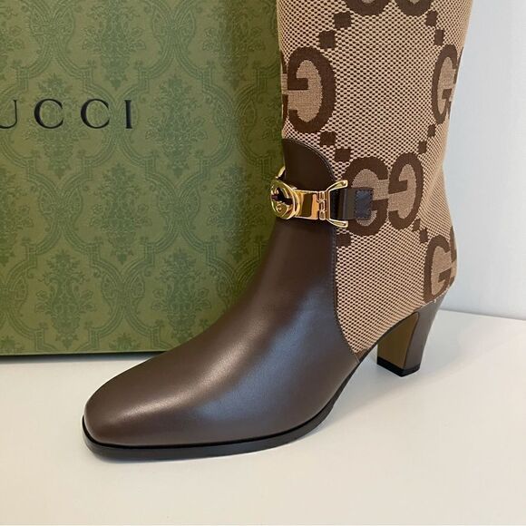 GUCCI
Monogram Jumbo GG Calfskin Interlocking G Anna Boots Camel Ebony - Picture 7 of 9